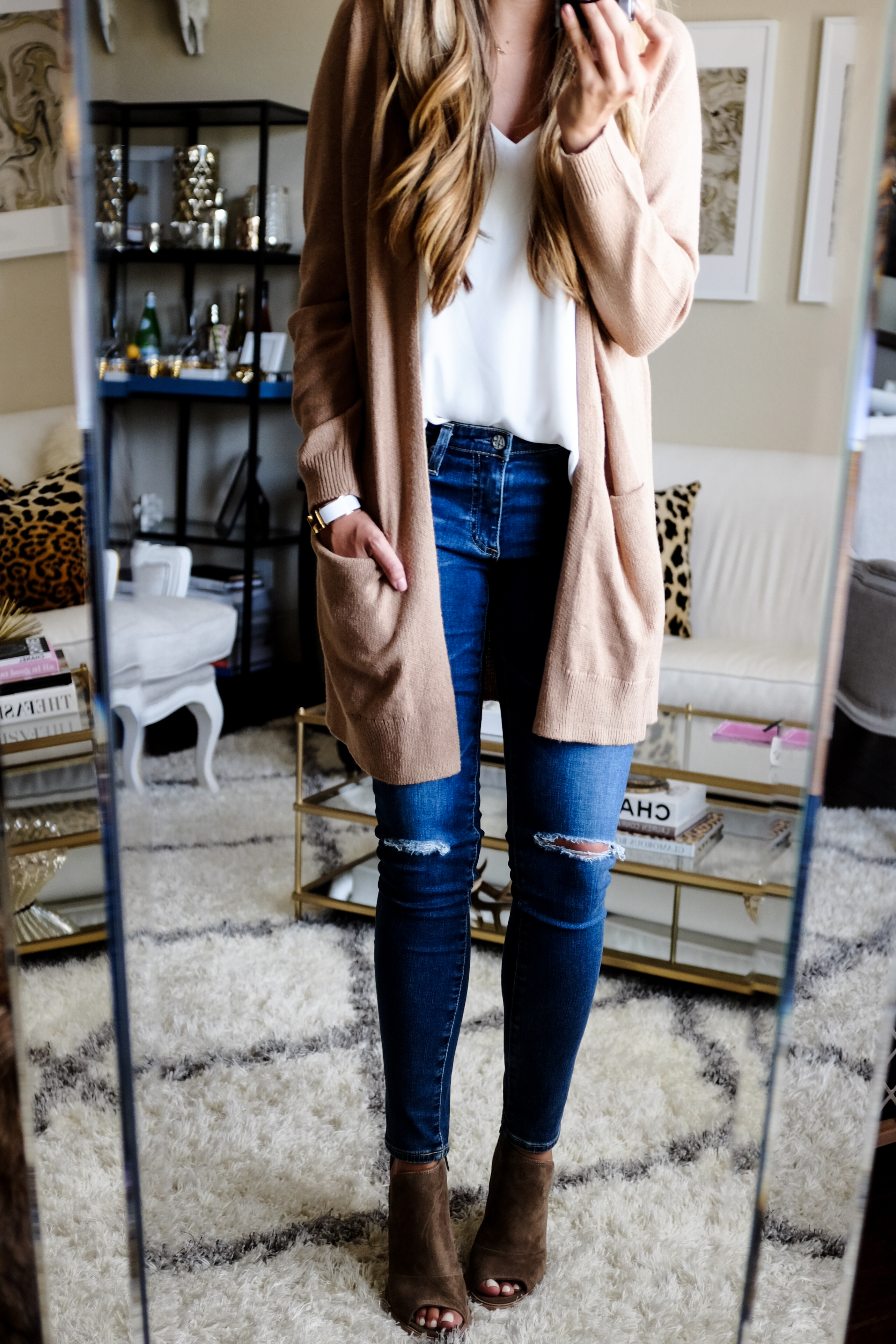 Long Cardigan with Open Toe Booties 