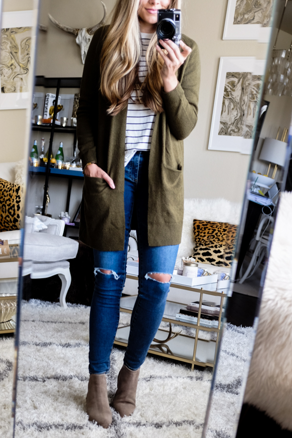 Striped Shirt and Cardigan Outfit 