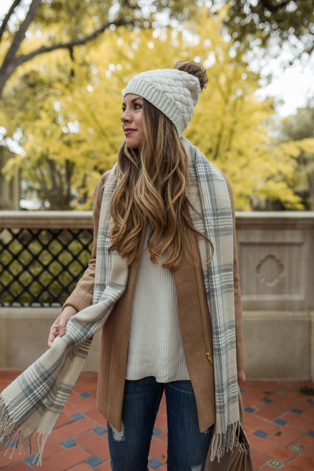 Pom Pom beanie and plaid scarf