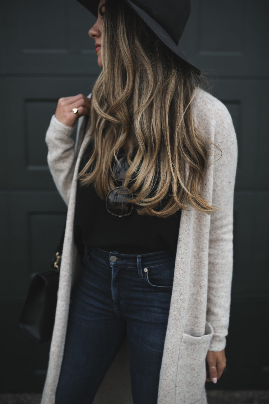 dark denim and long cardigan sweater