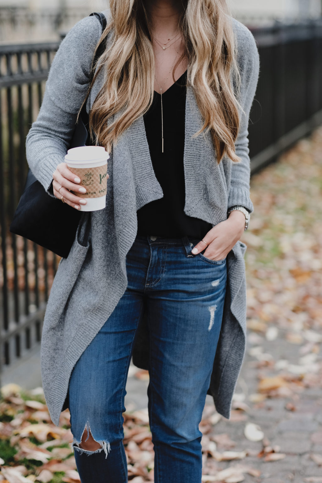 Grey Cardigan + Distressed Denim