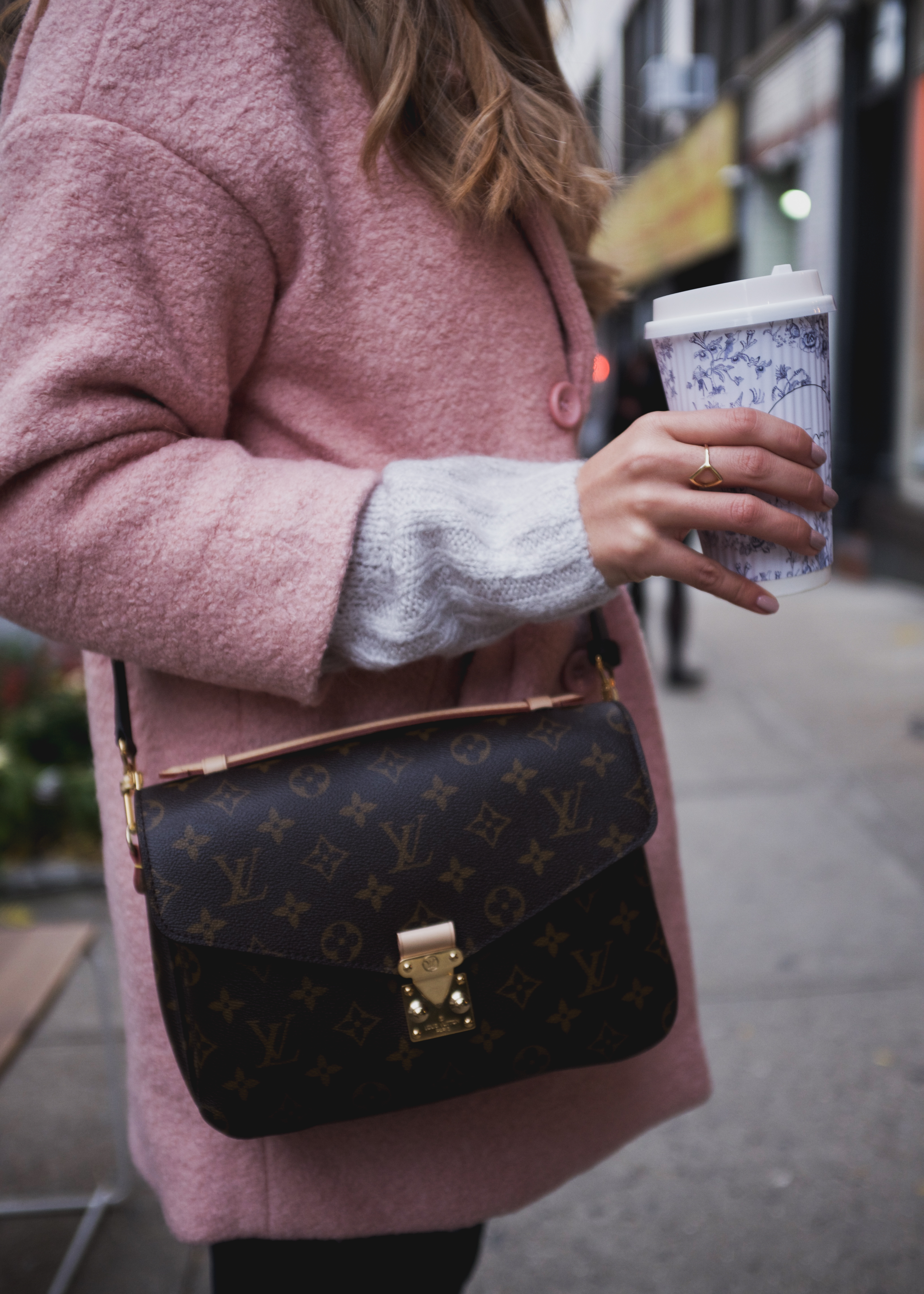 Pink coat and Louis Vuitton Crossbody 