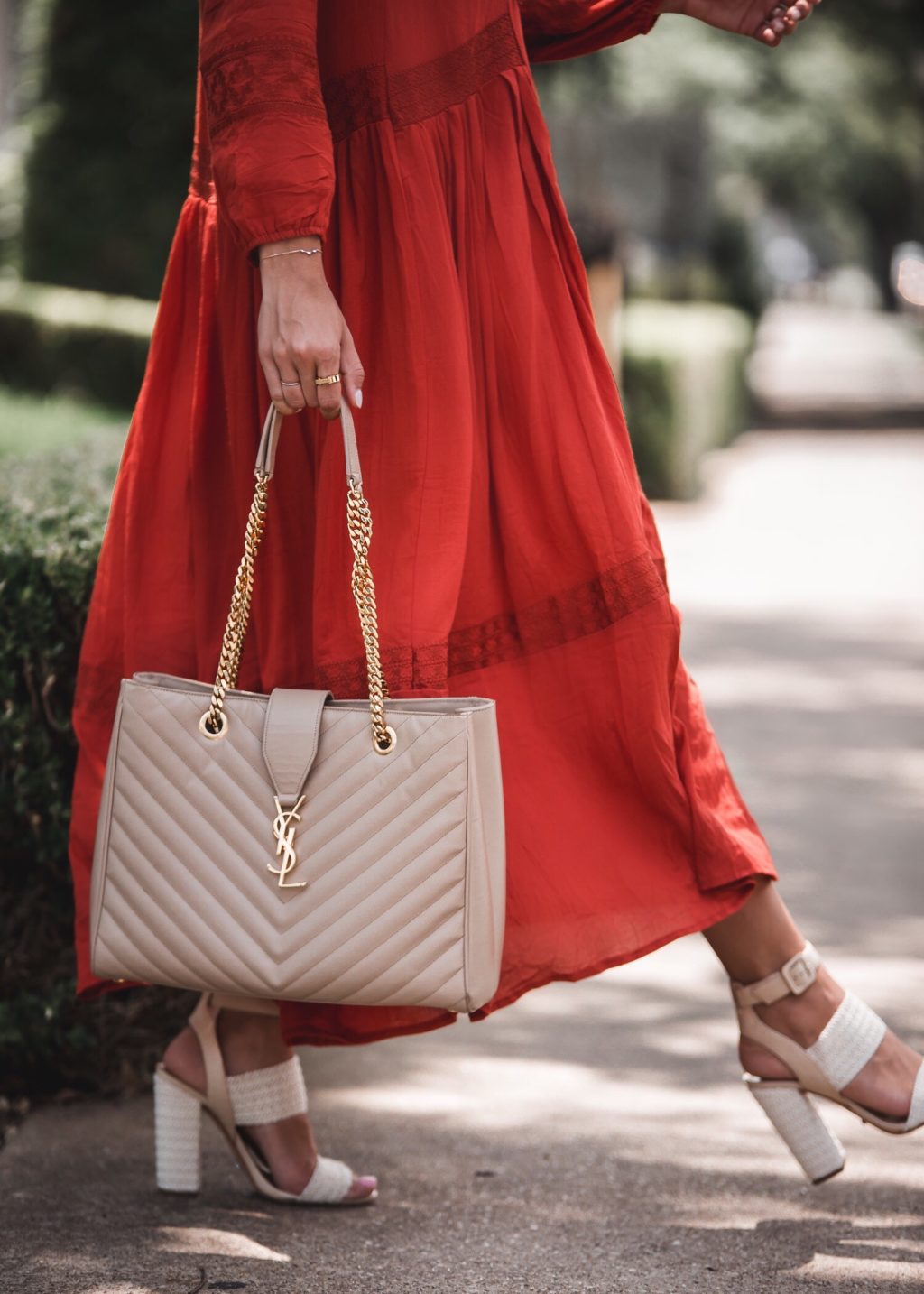 YSL Monogram Tote with Red Summer Maxi Dress