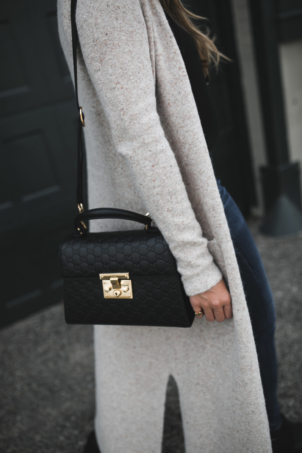 Gucci padlock bag and long cardigan sweater