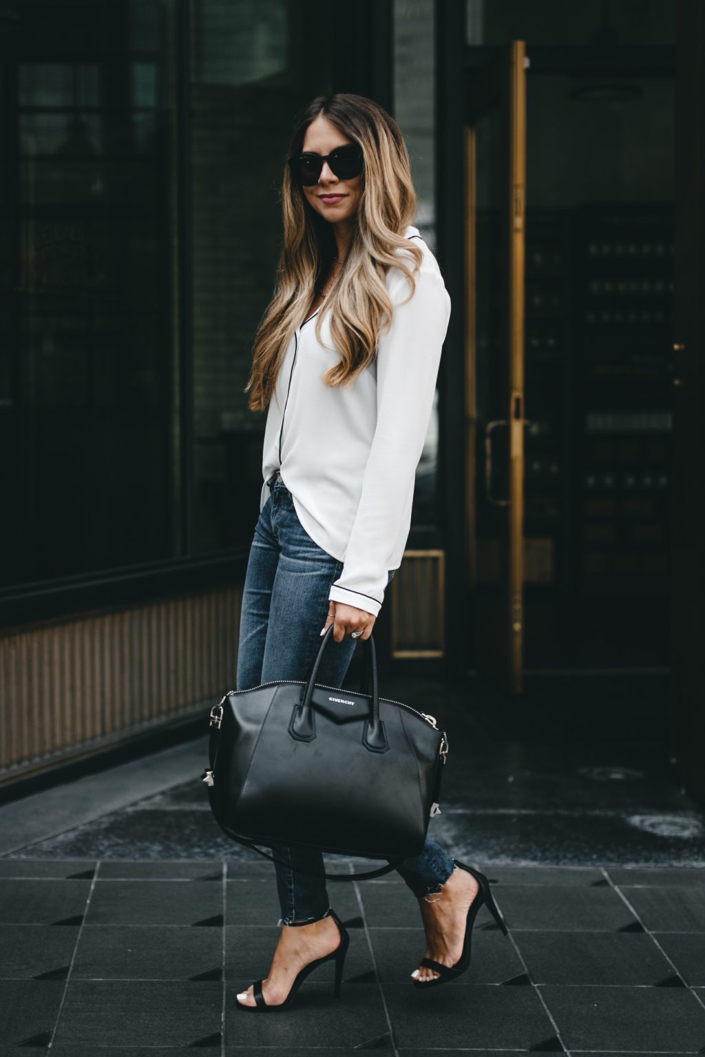 Denim jeans and a pajama blouse