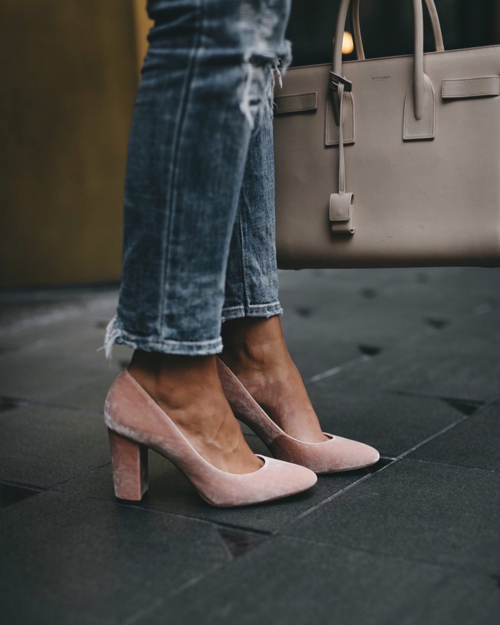 Block heel pink velvet pumps