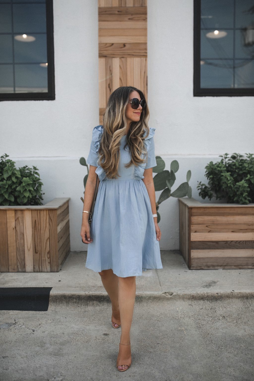 tan mules and chambray dress