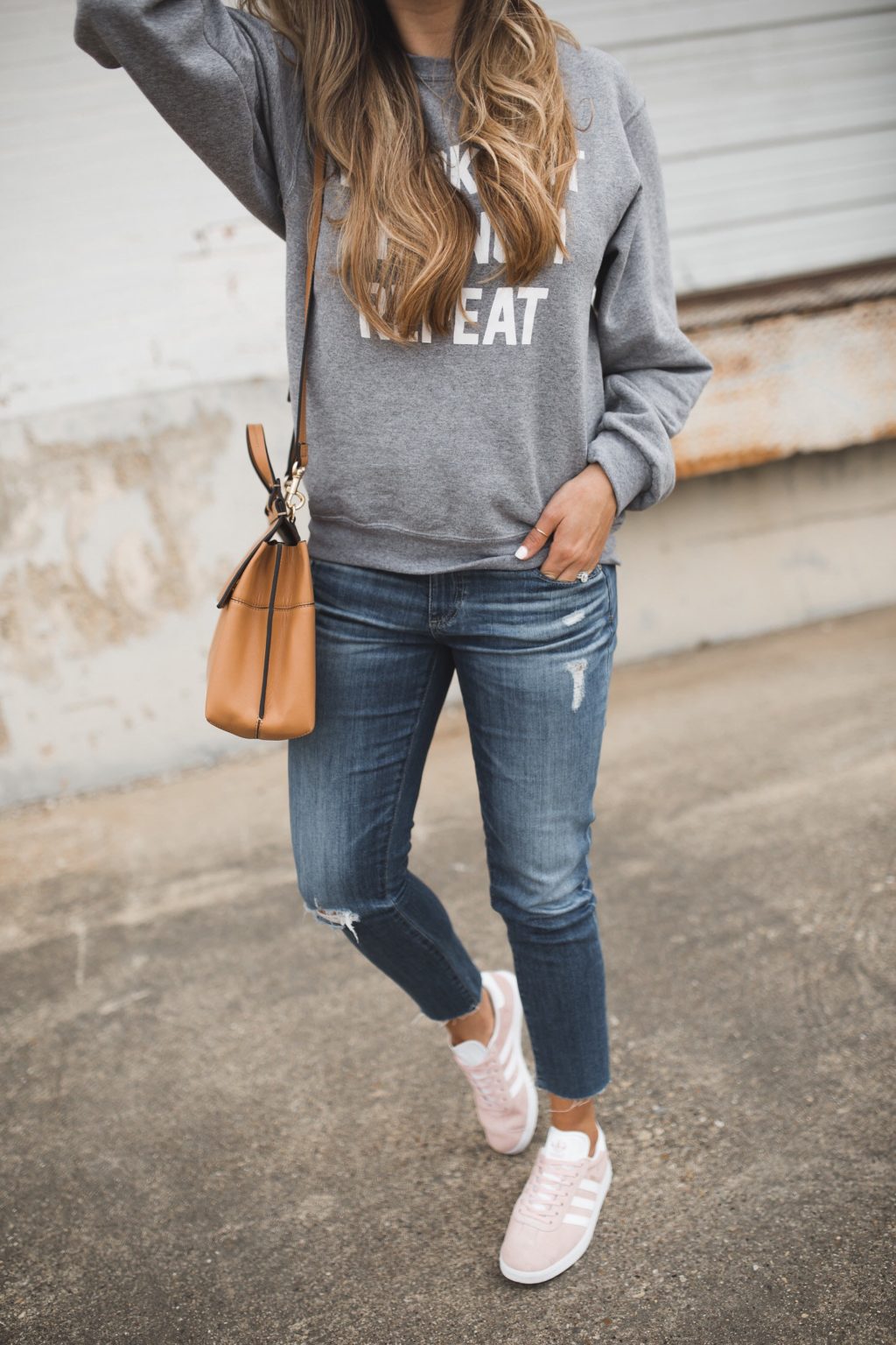 pink adidas sneakers outfit