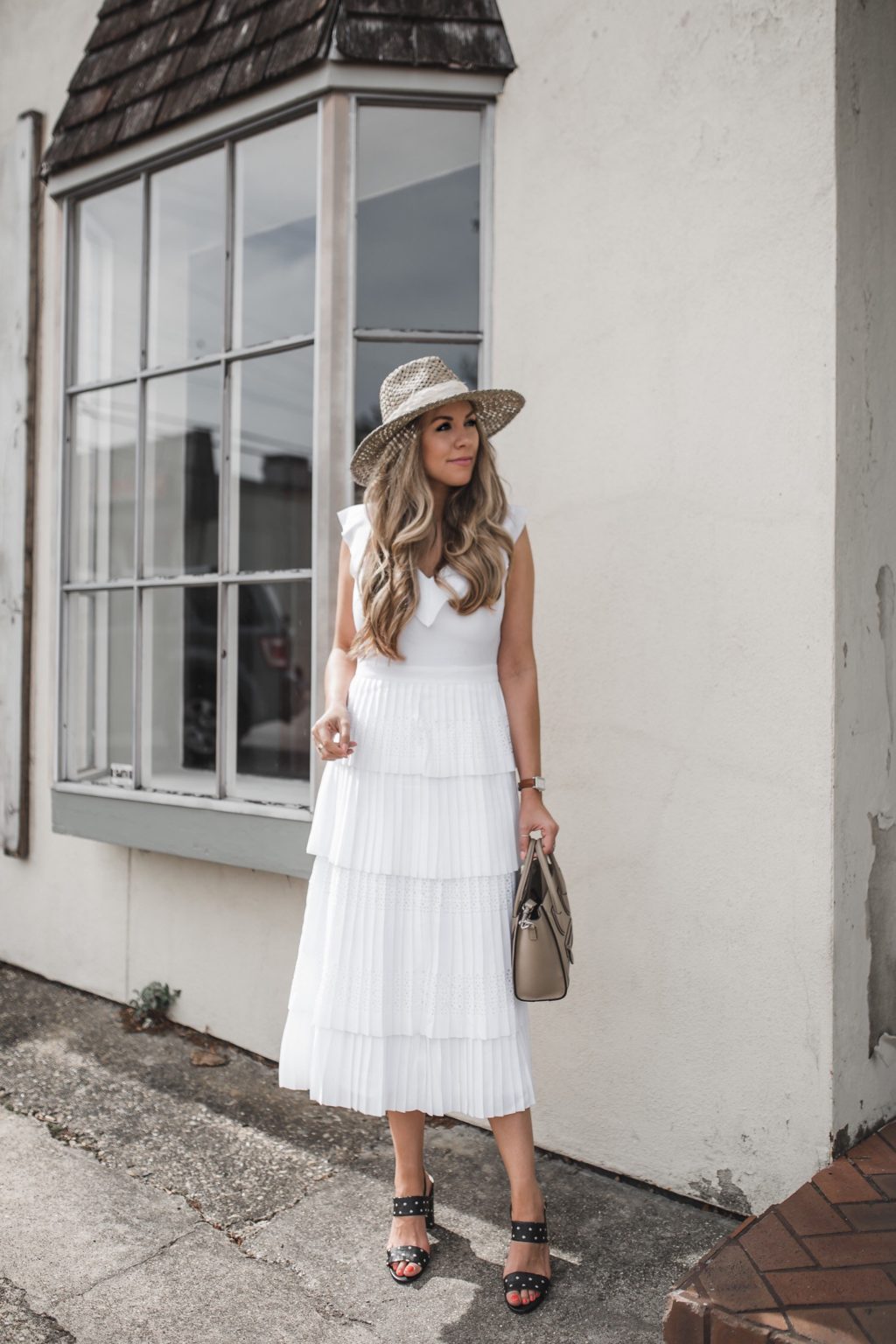 White Ruffle Dress with Hat 