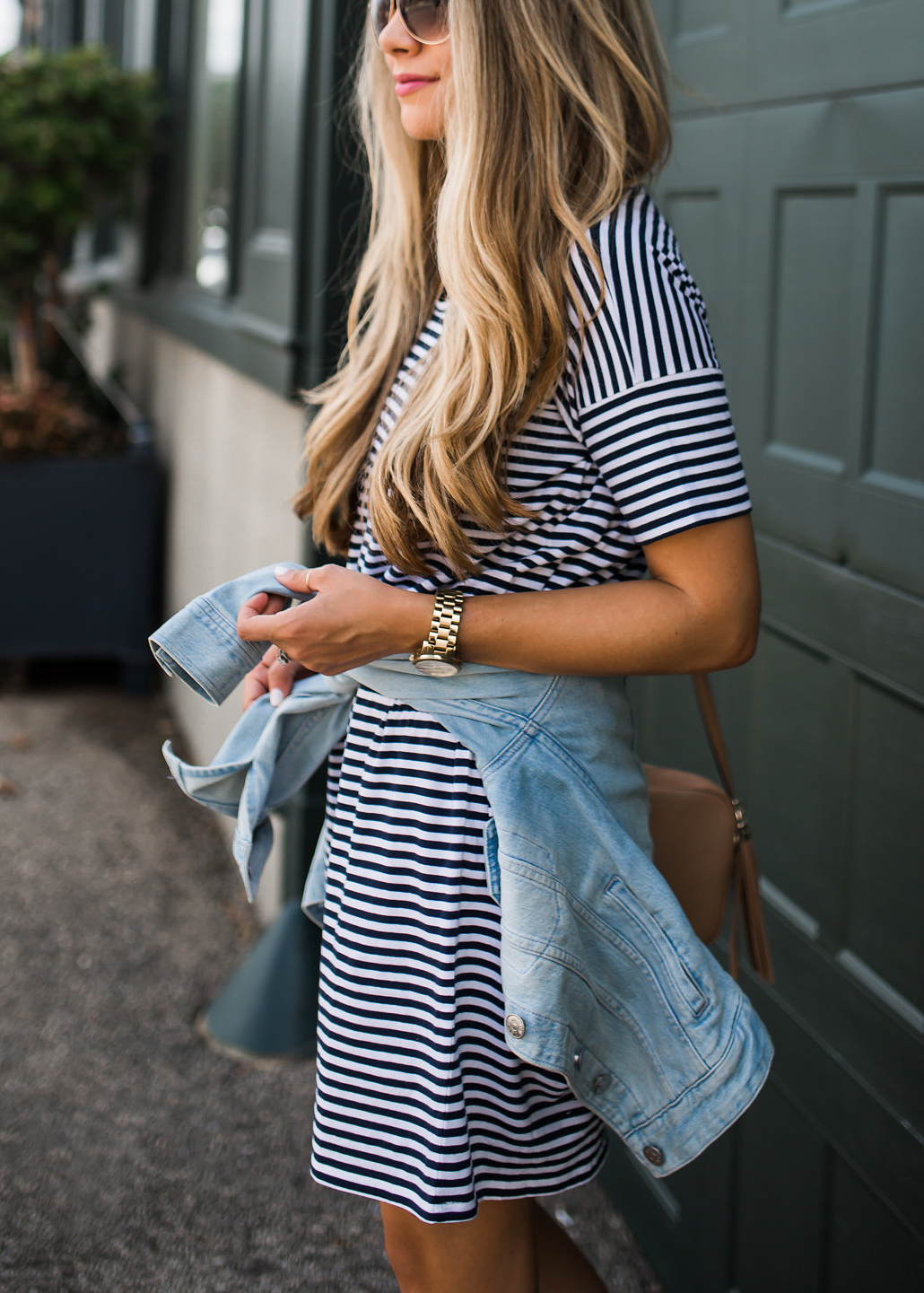 Striped Dress with Denim Jacket Wrapped Around Waist