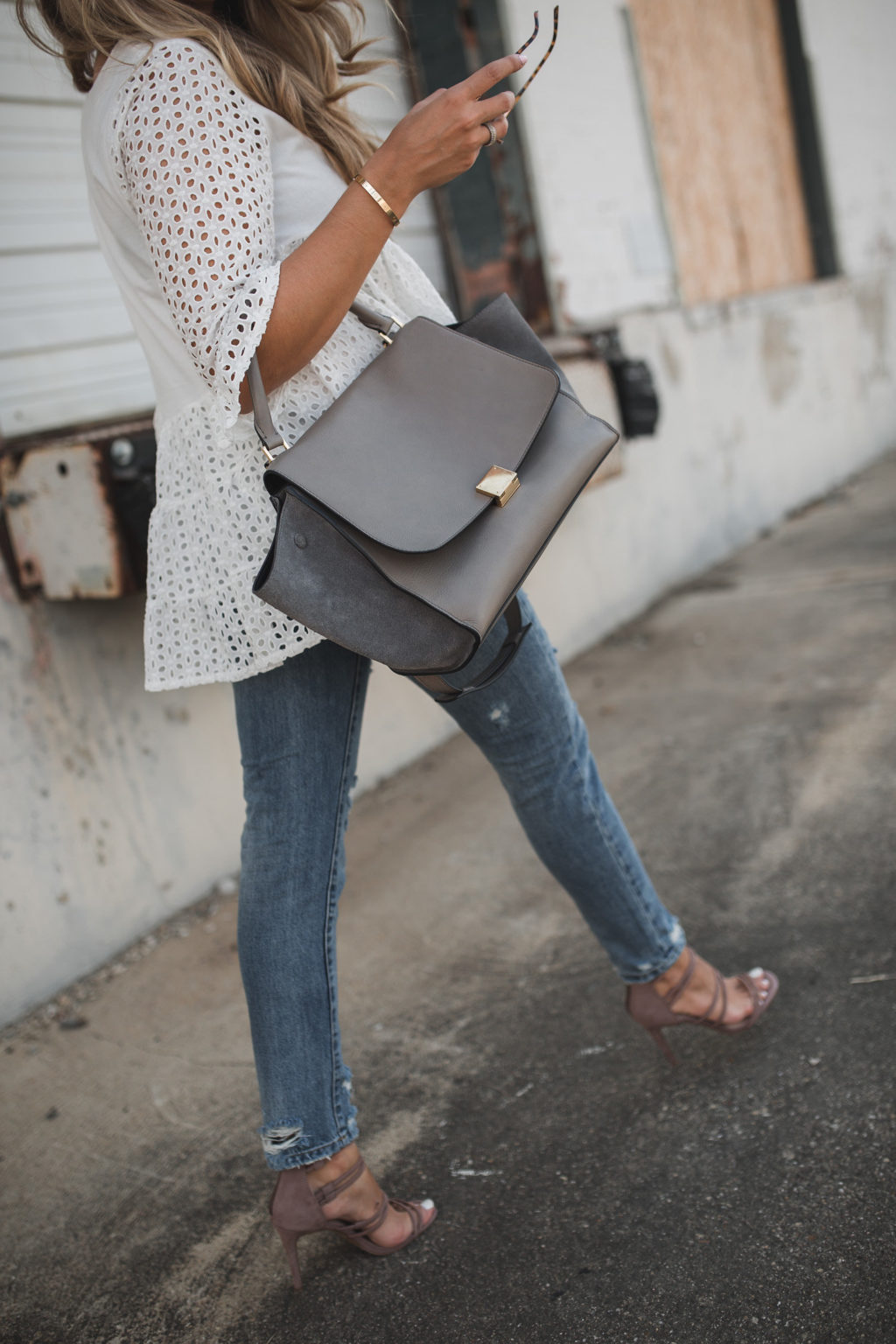 eyelet blouse and Steve Madden heels