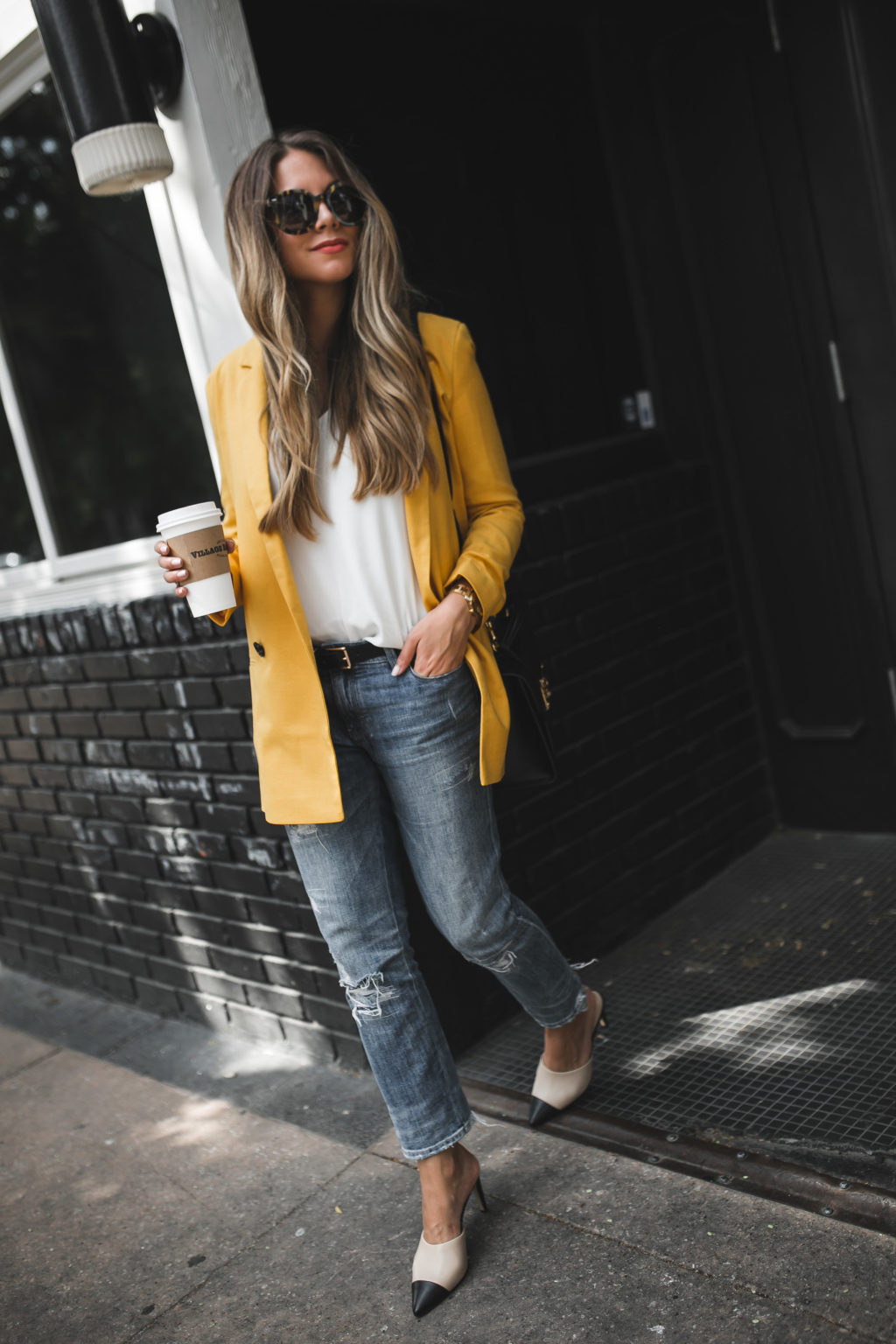 two-toned pumps and yellow blazer