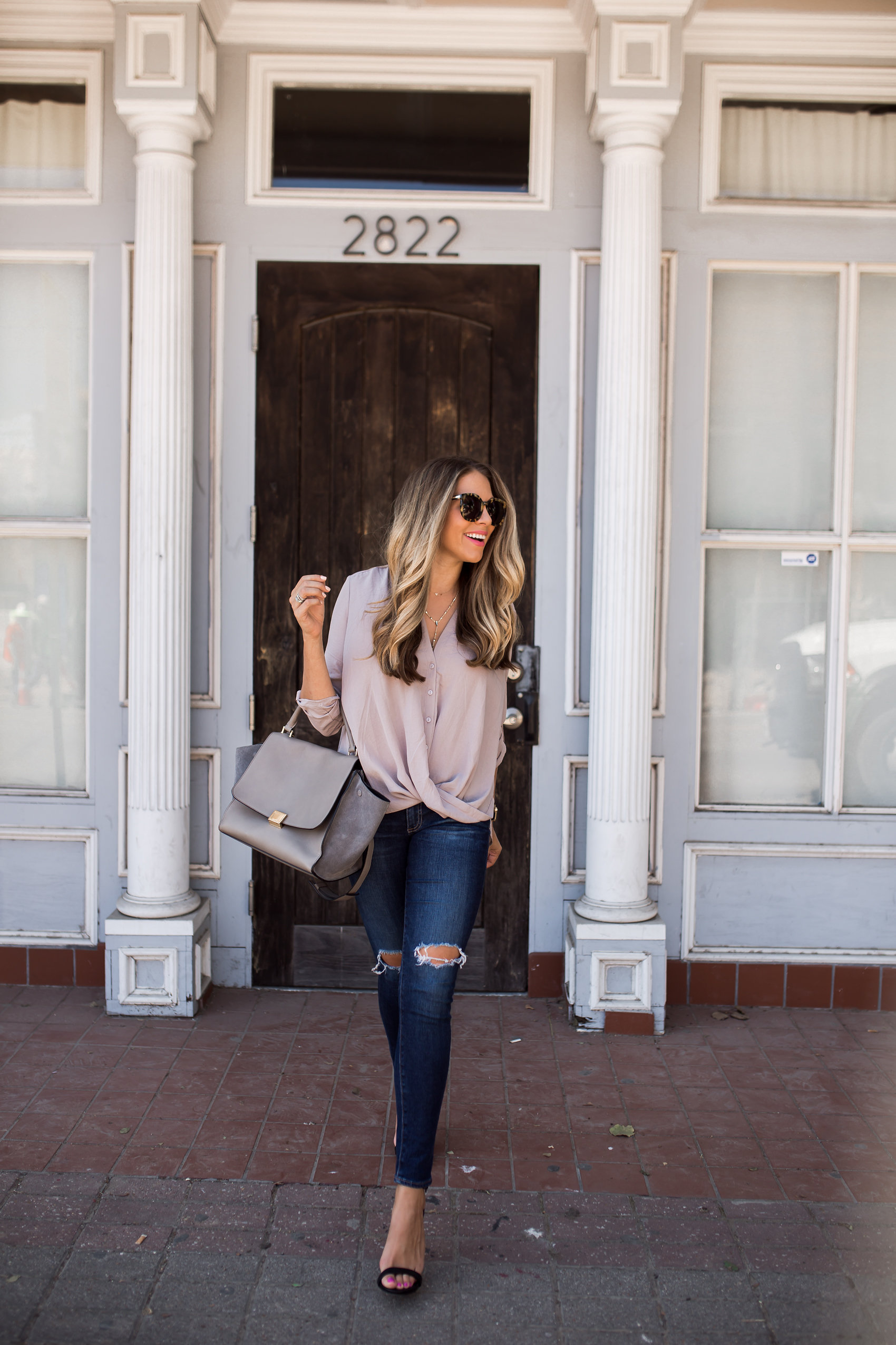 faux wrap blouse outfit 