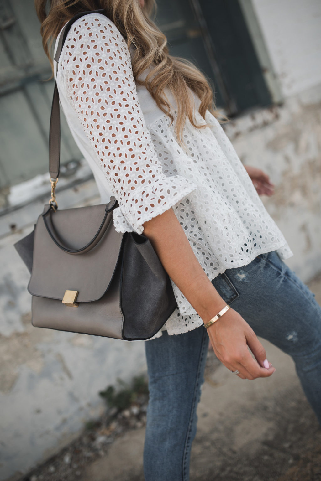 White eyelet blouse and celine bag