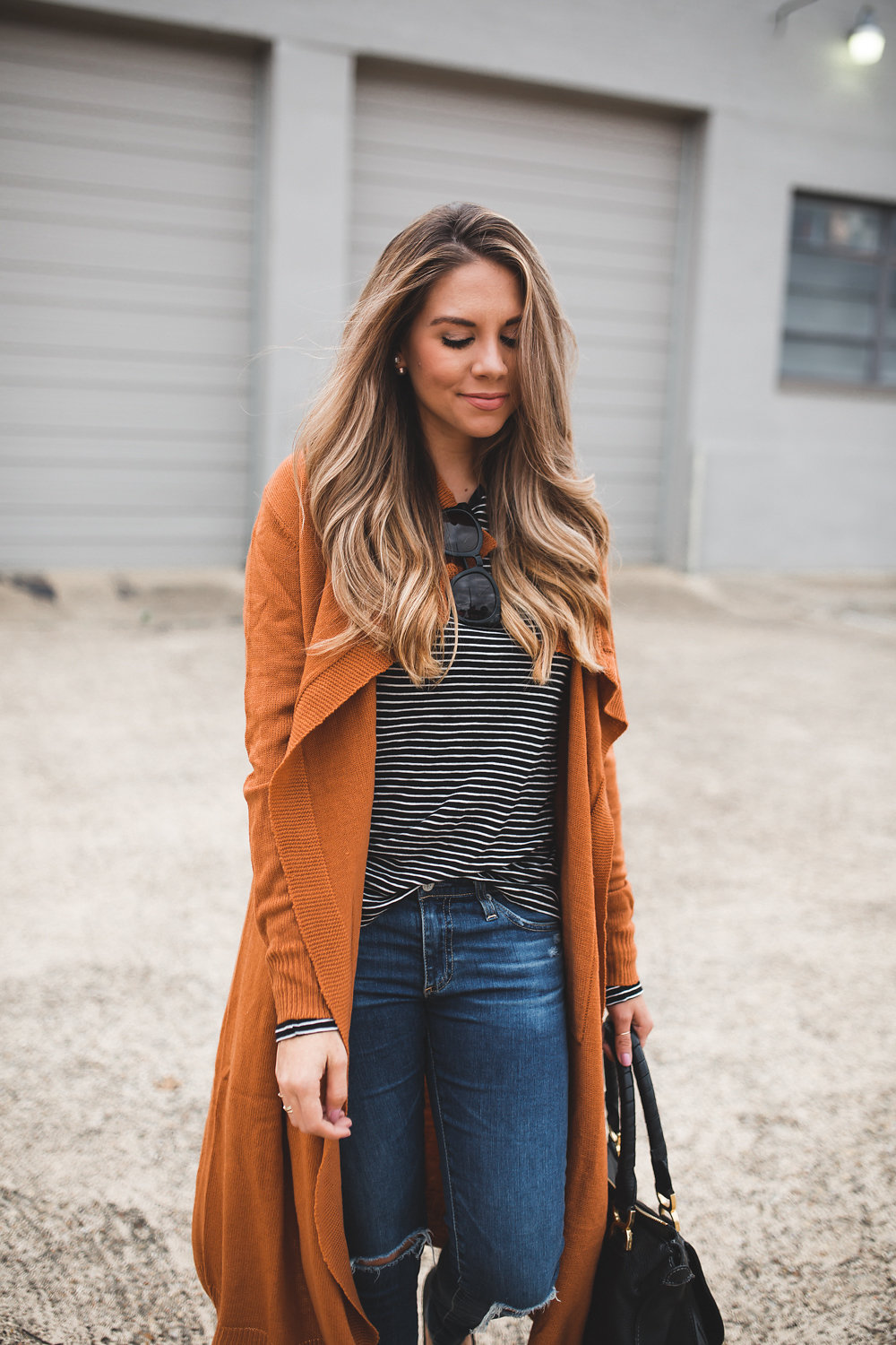 Camel Cardigan and Striped Shirt 