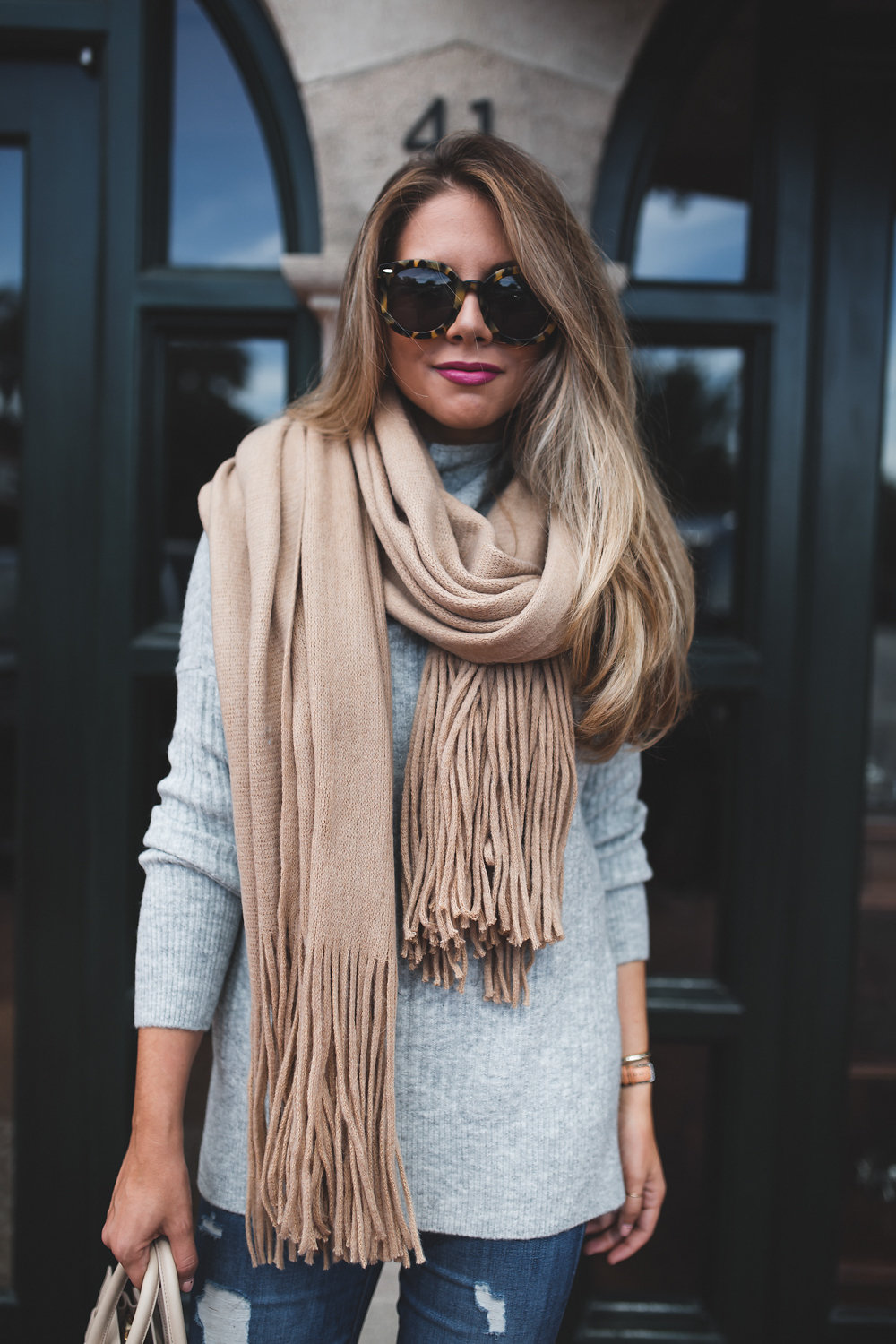 Tan Fringe Scarf Outfit 