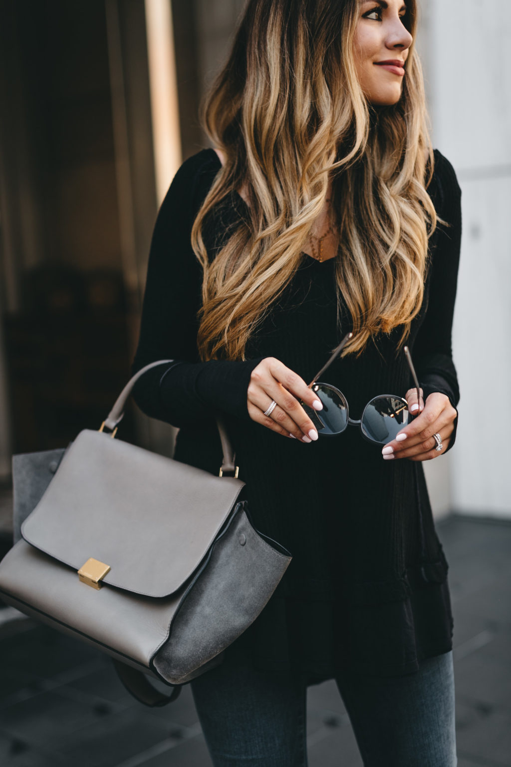 celine trapeze bag and black tunic