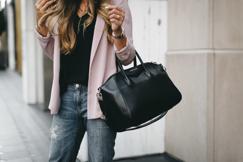 blush boyfriend blazer and black cami