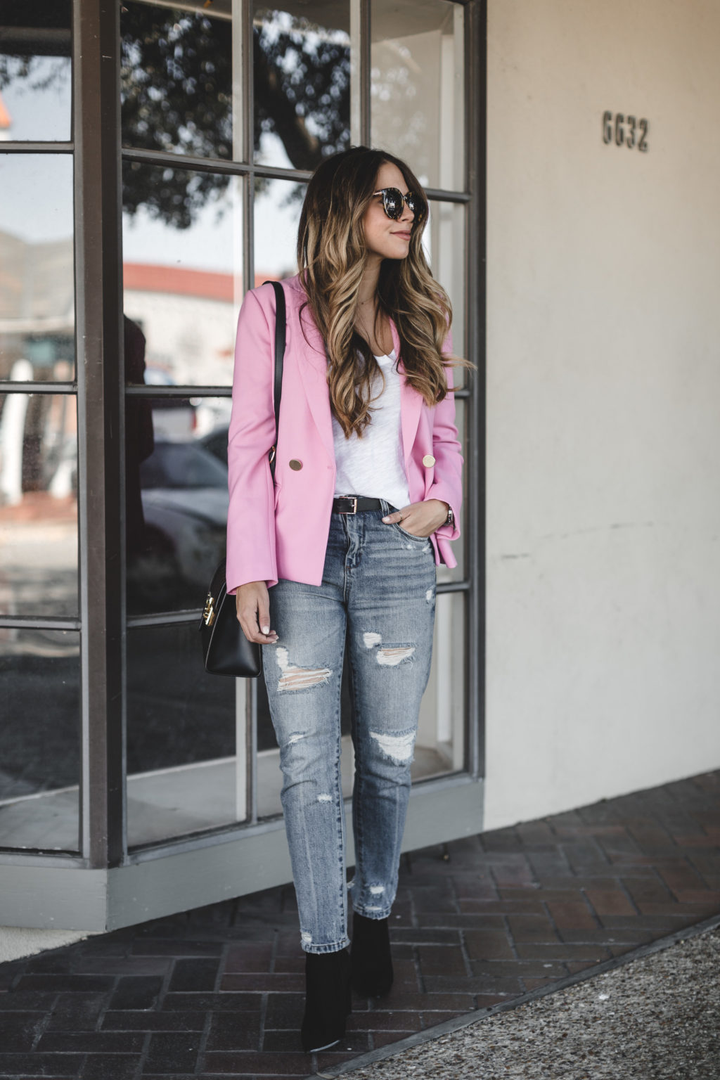 pink blazer to dress up denim