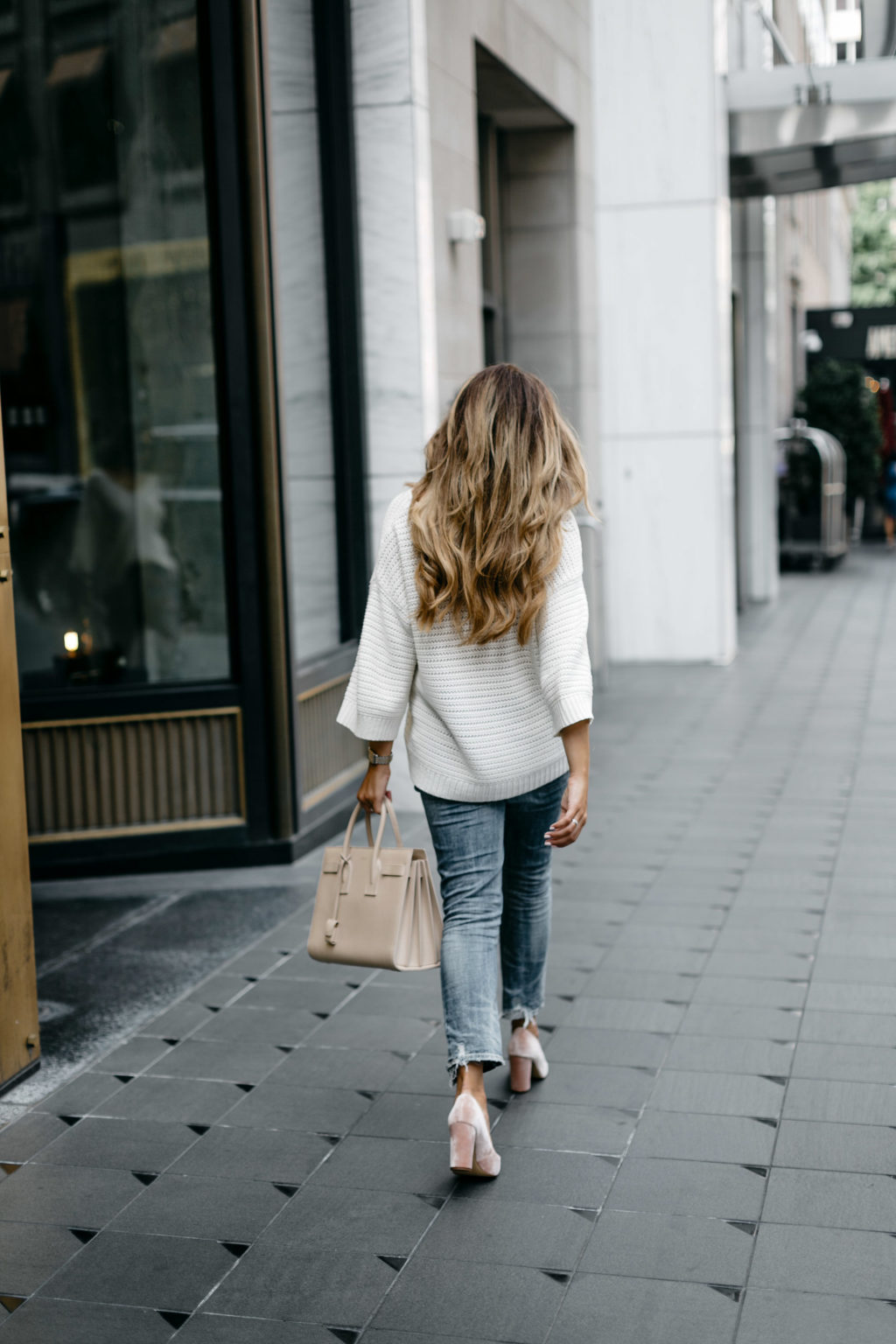 How to make pink velvet pumps look casual