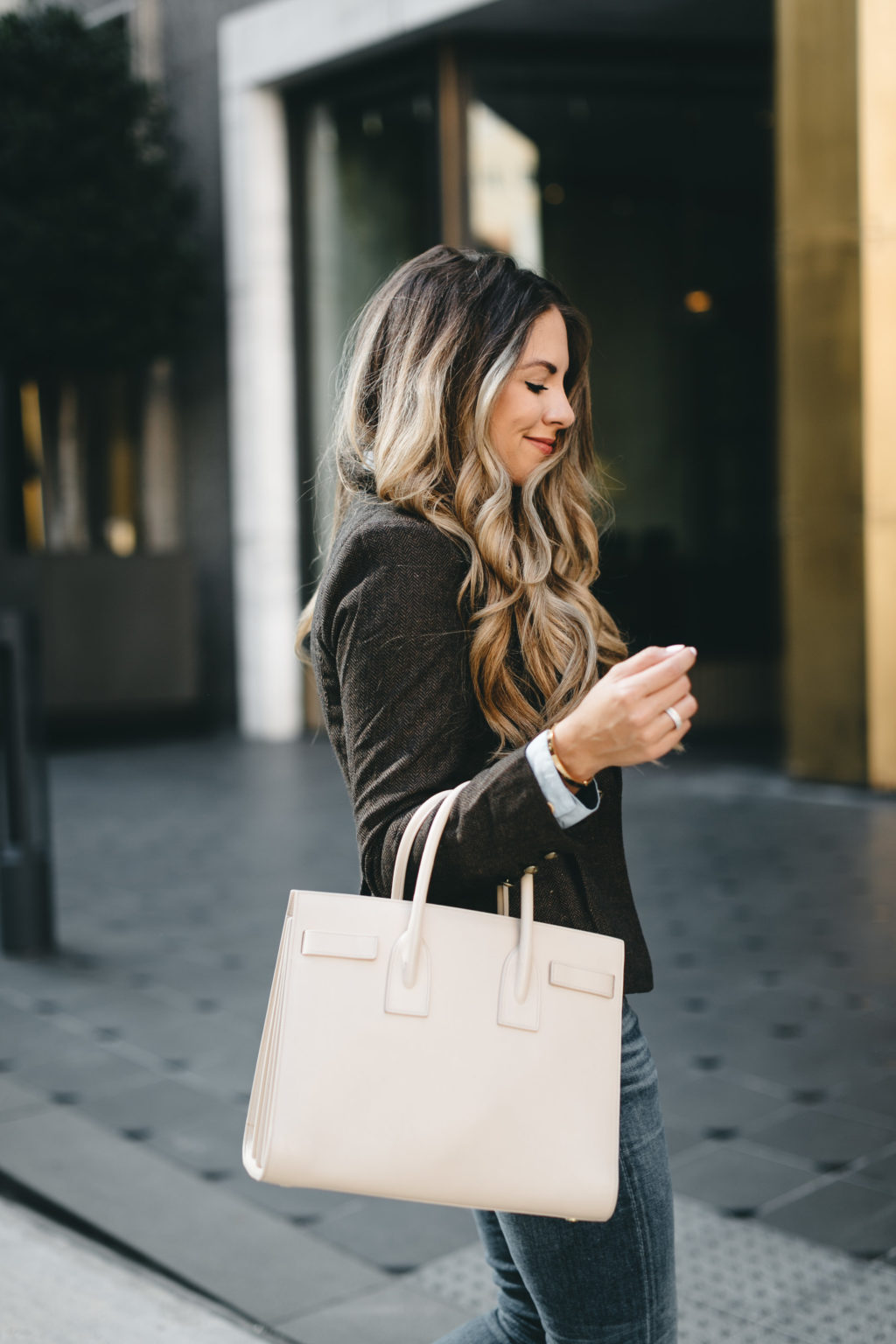 saint laurent bag and herringbone blazer