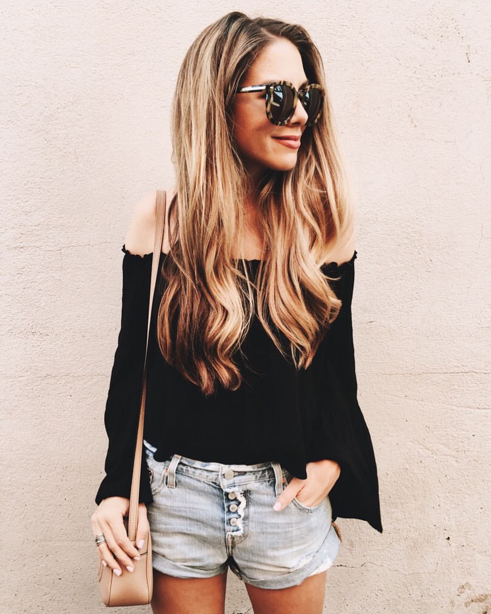 Black Off The Shoulder Outfit with Denim Shorts 