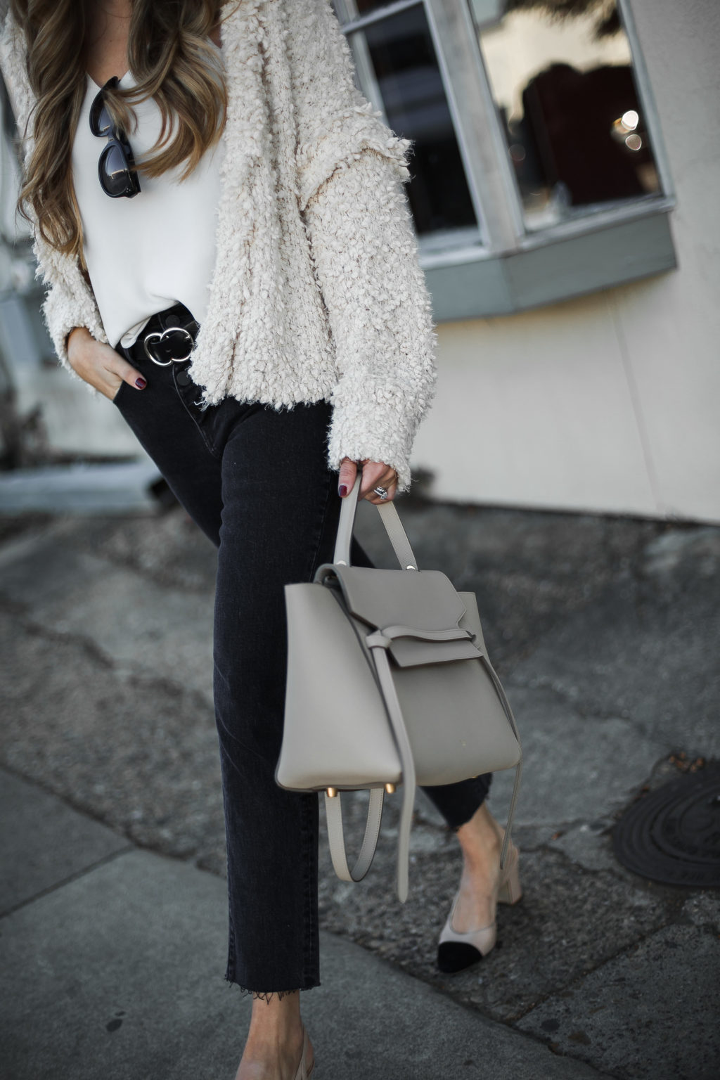 cozy cardigan and black denim