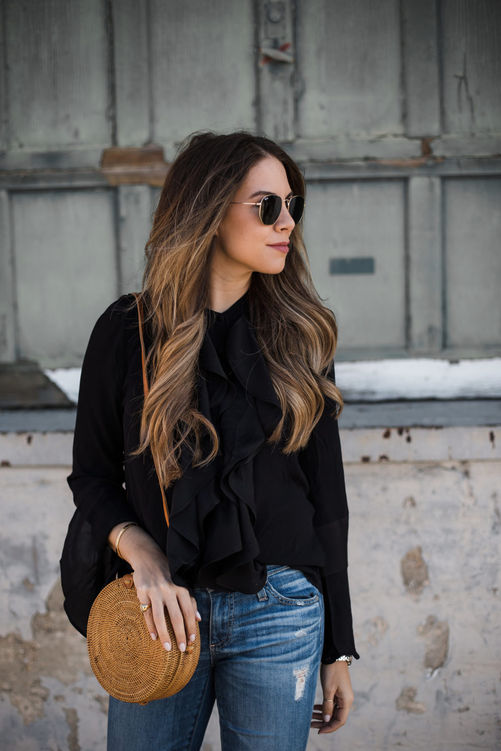 Black ruffle button down blouse