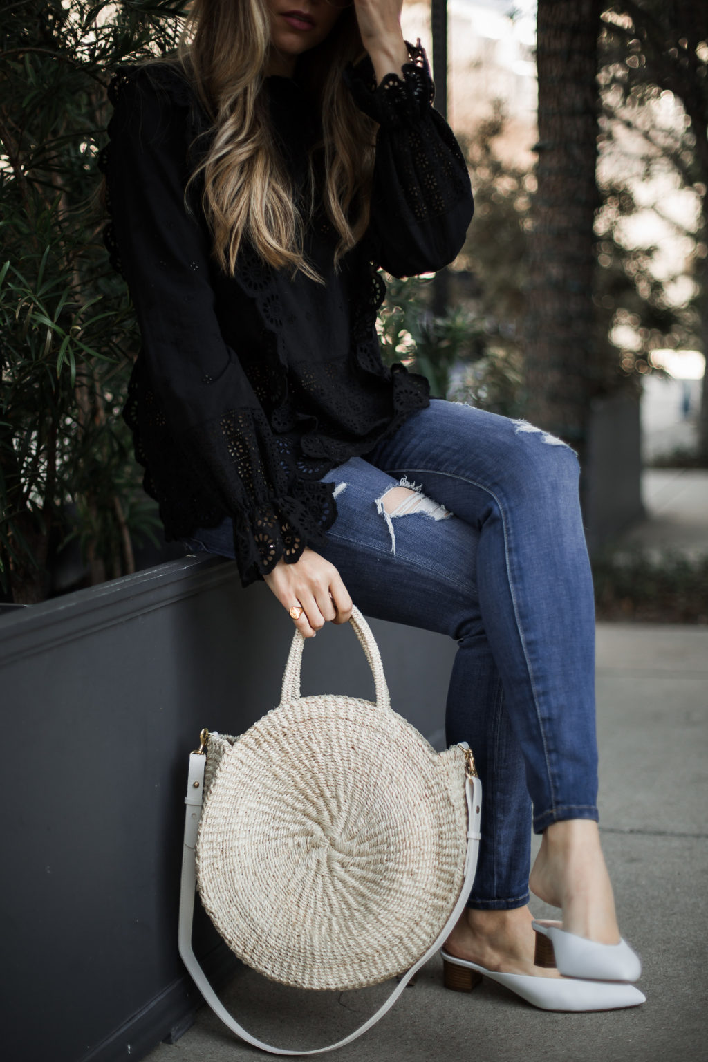 Black Eyelet Blouse and Clare V. Tote