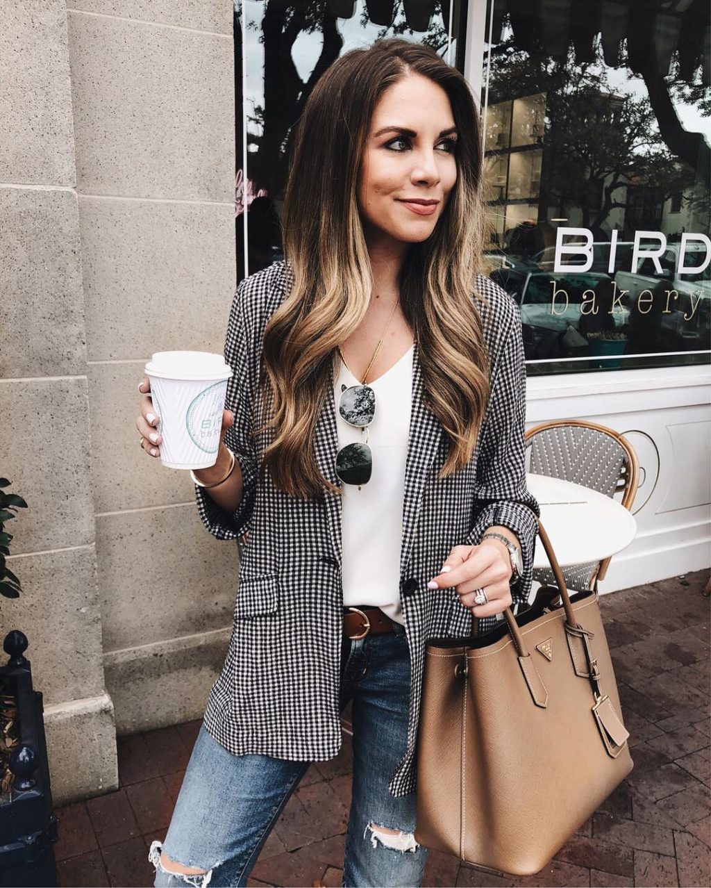 Relaxed Gingham Blazer and Prada Bag