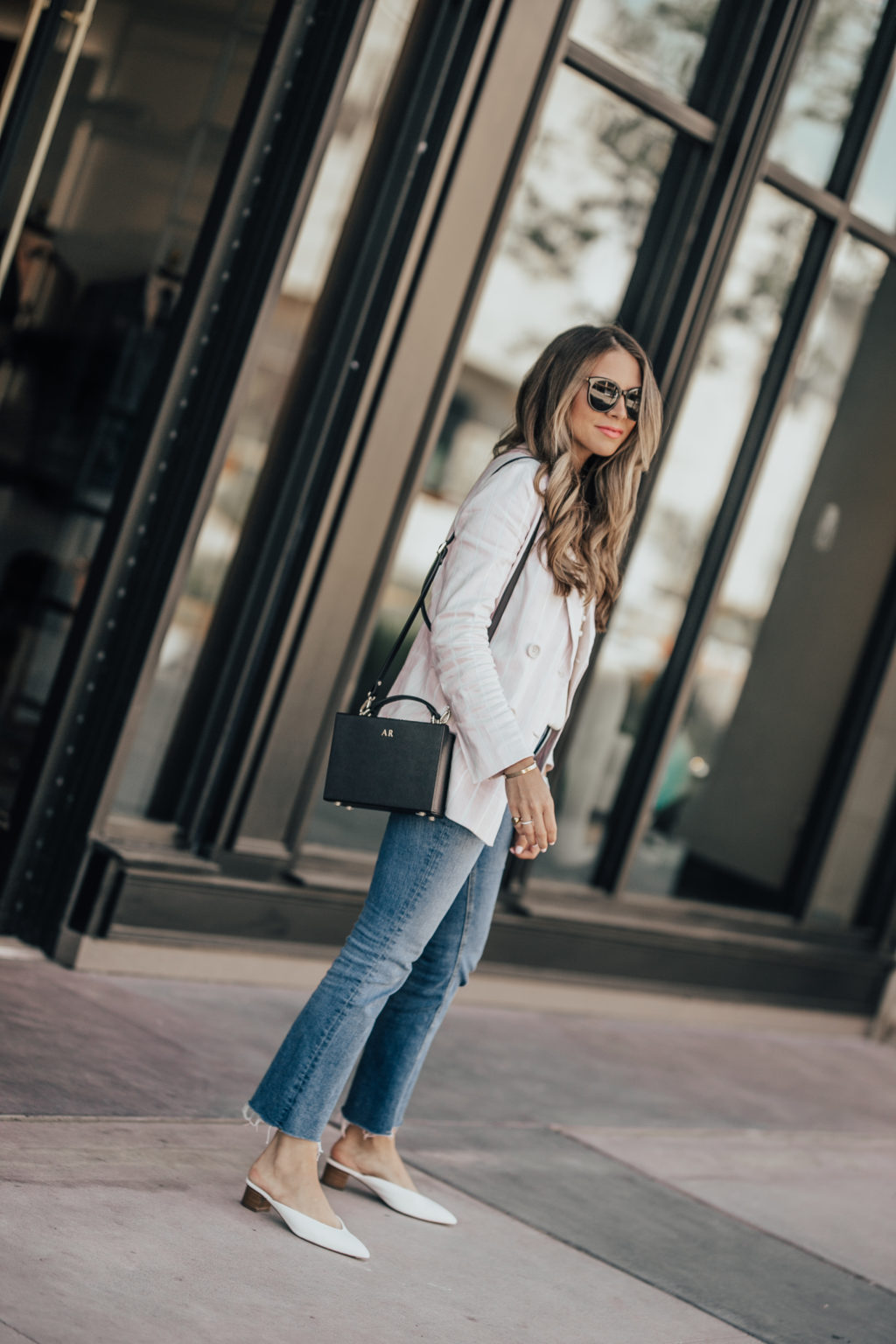 Striped blazer and flare cropped denim