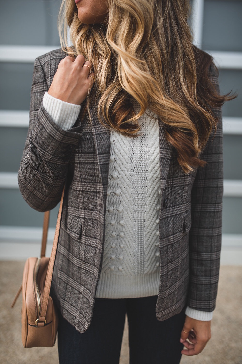 Plaid Blazer and Cream Sweater Outfit 