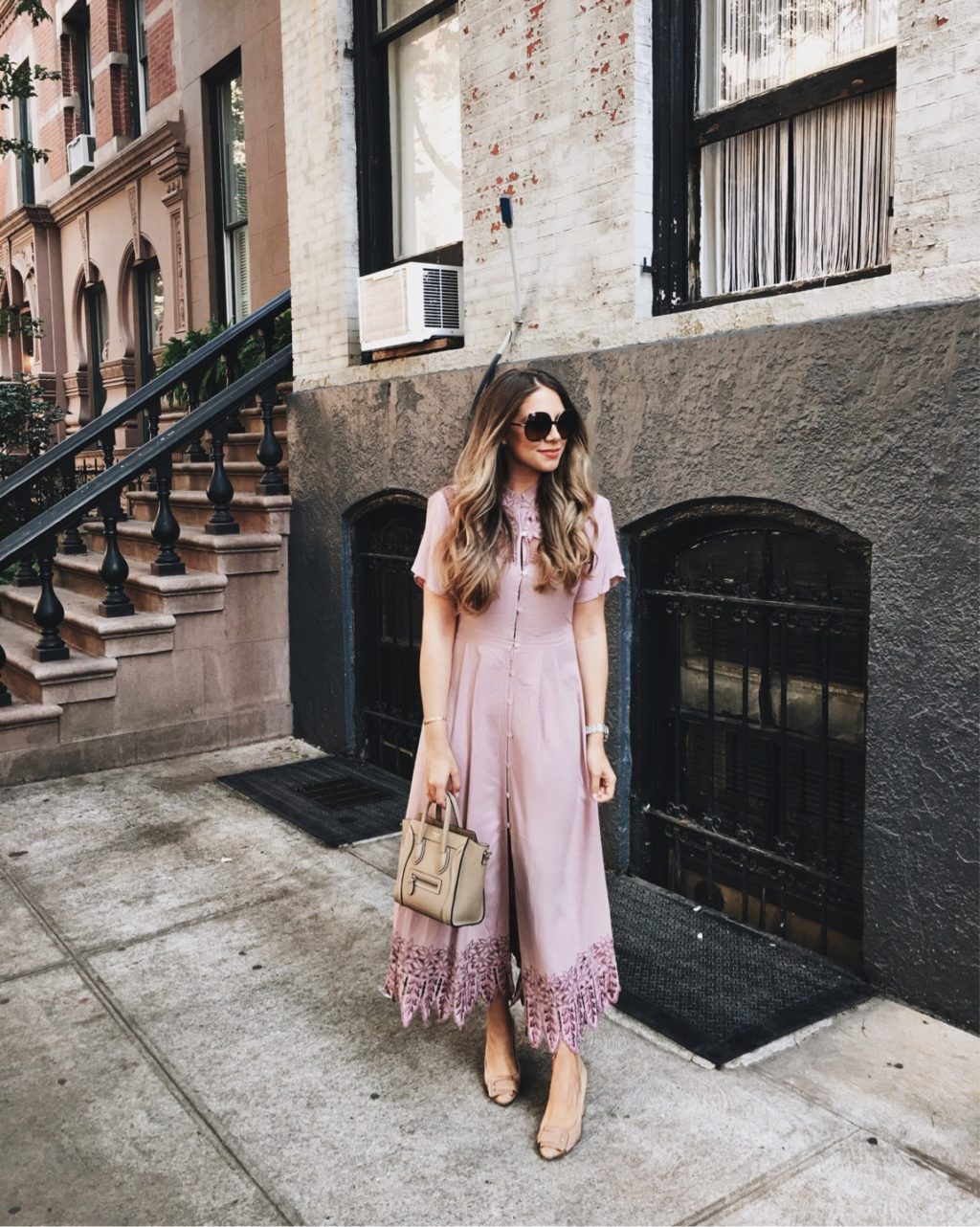 Lavender midi dress and Celine bag