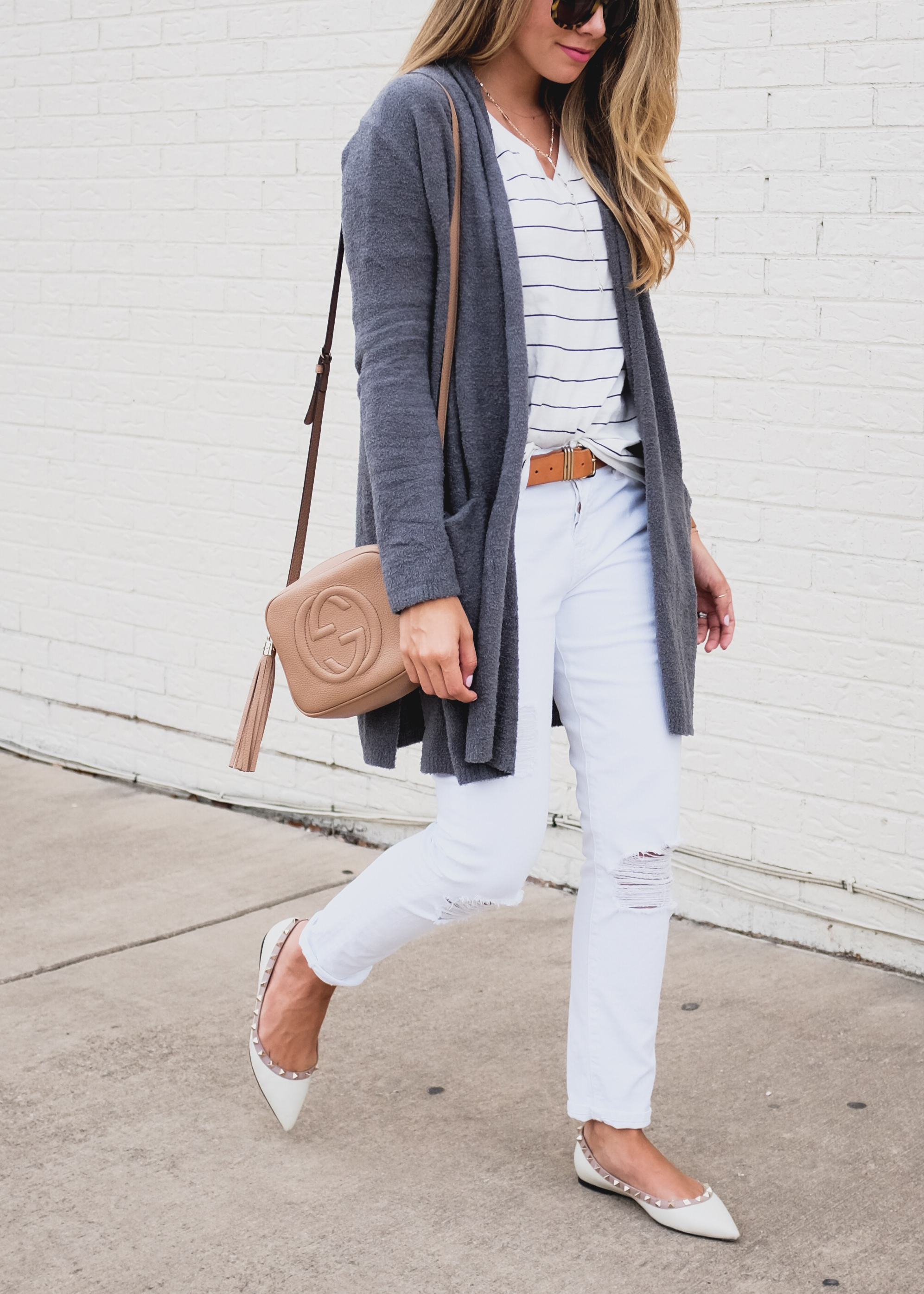 Grey Cardigan and White Pants 
