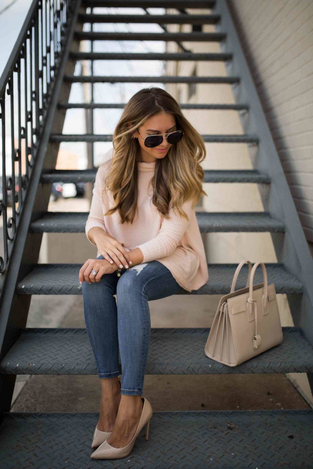 Blush Knit Sweater & Distressed Denim