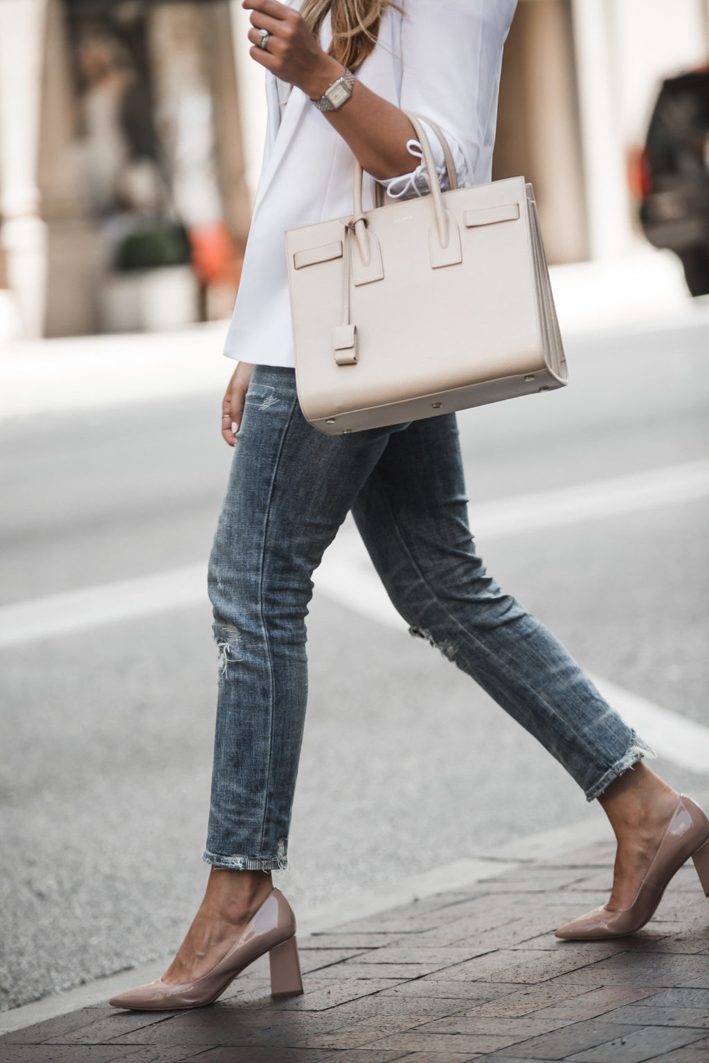 YSL bag and white blazer