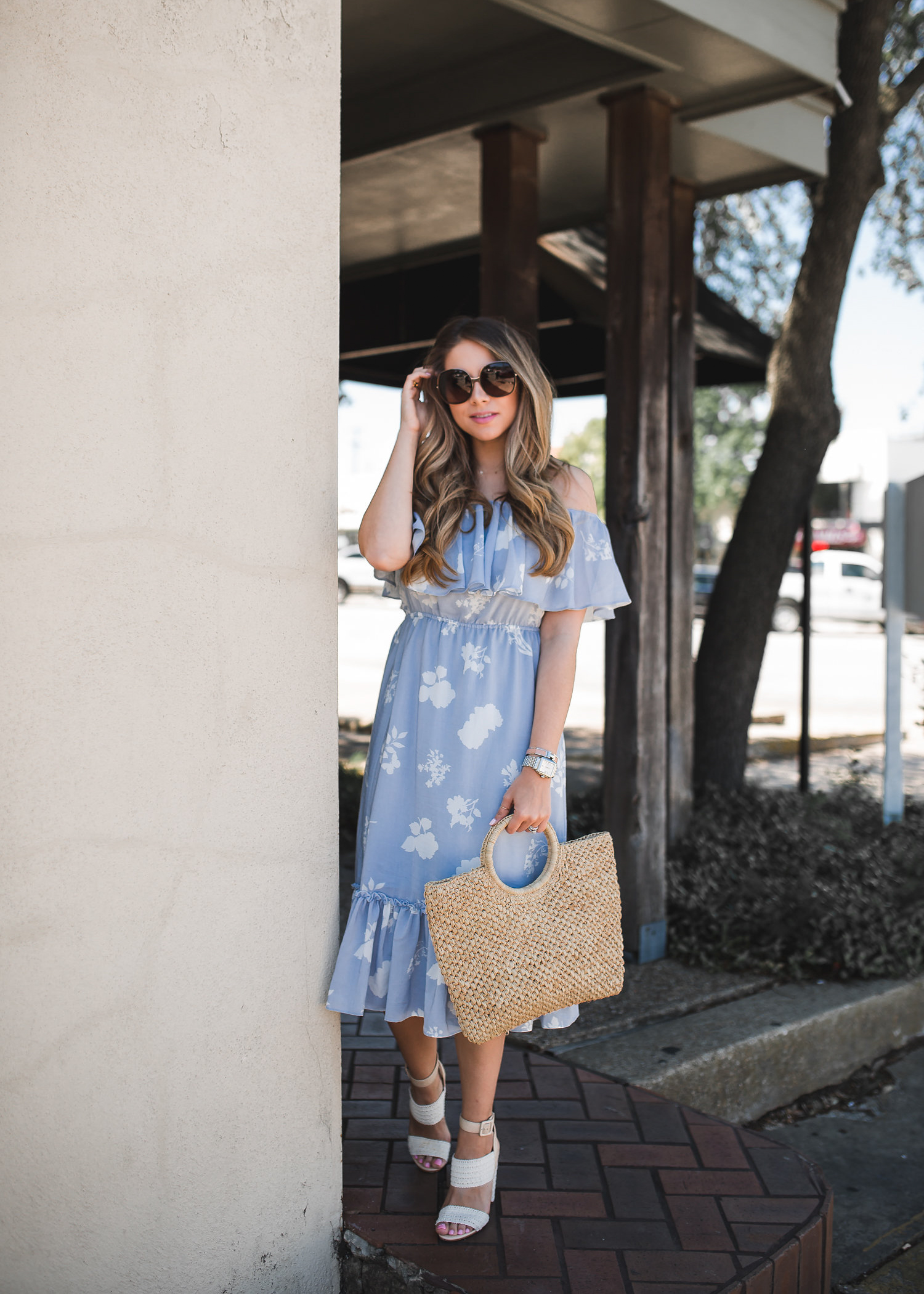 Off the Shoulder Blue Midi Dress | The Teacher Diva: a Dallas Fashion Blog featuring Beauty ...