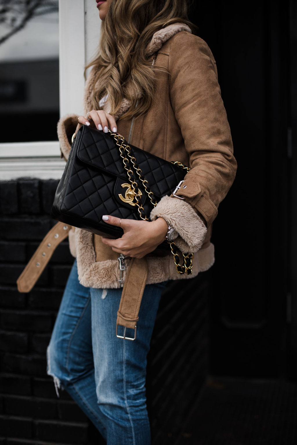 Chanel Bag + Faux Shearling Moto Jacket