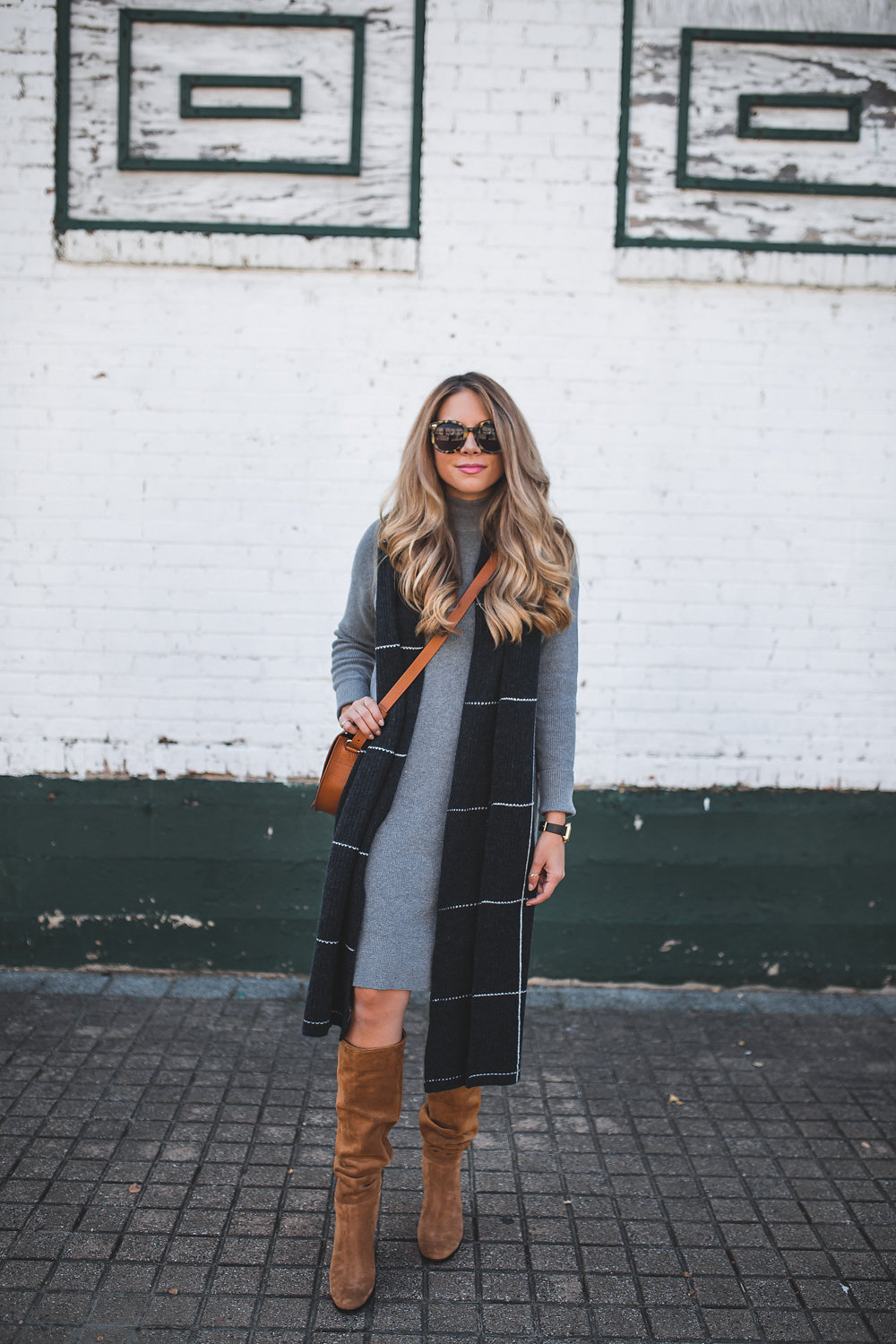 Grid Scarf with Sweater Dress 