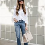 White Ruffle Blouse and Pink Pumps