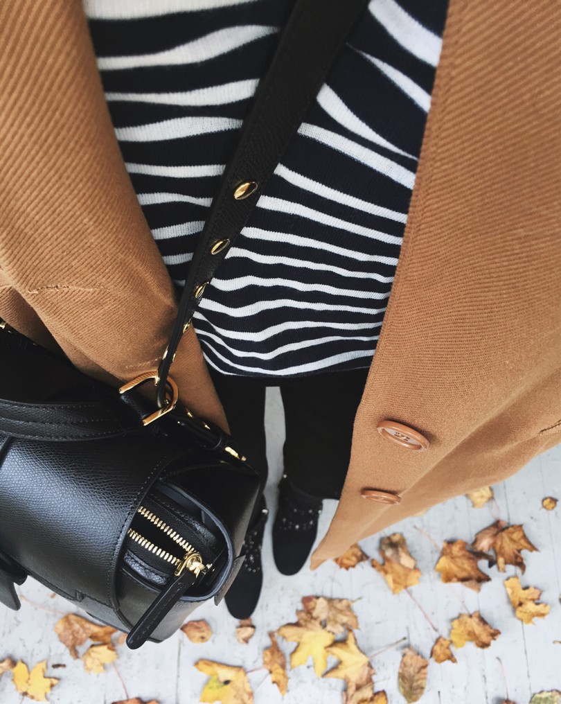 brown longline coat and stripes