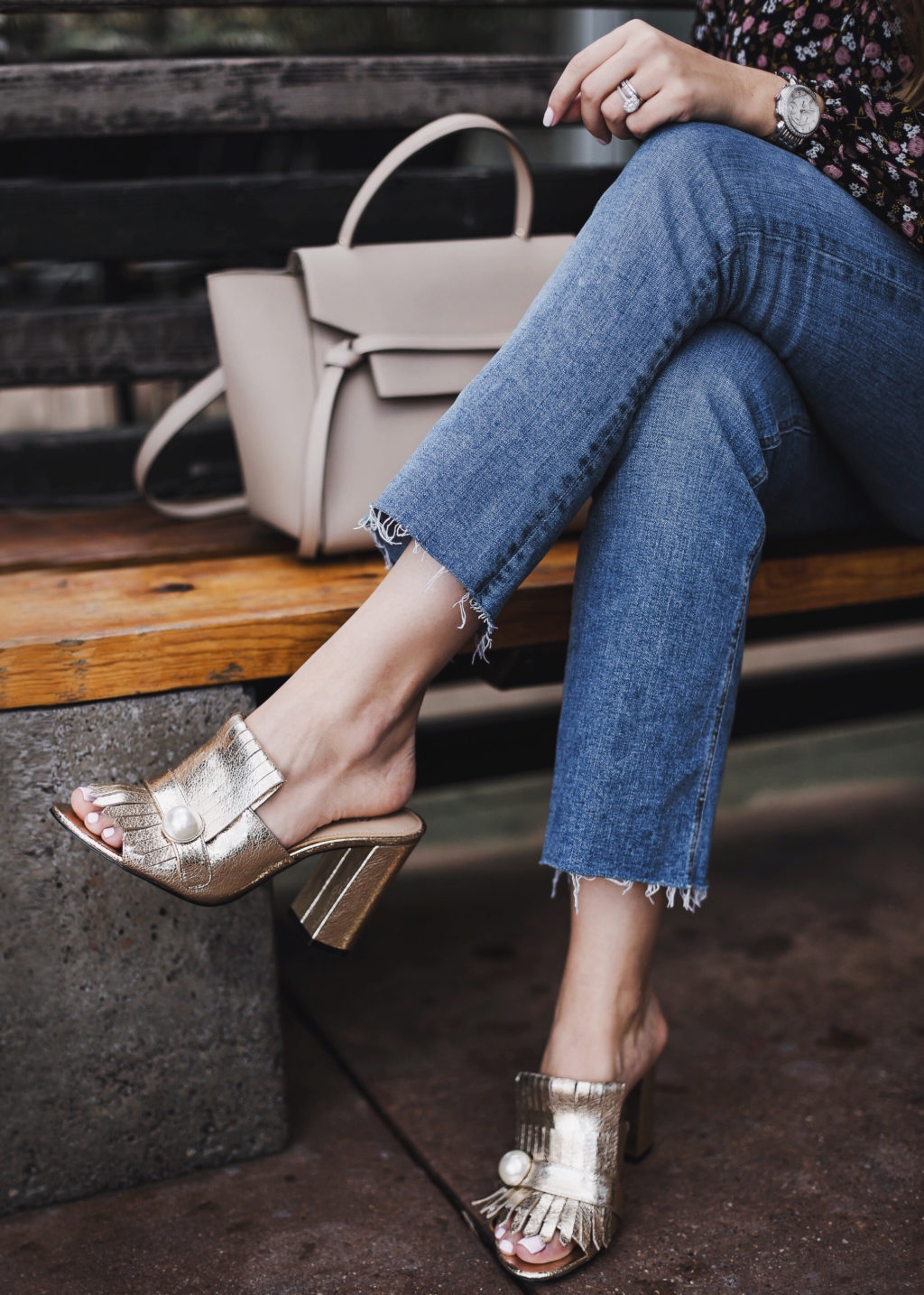 Gold Block Heel Mules 