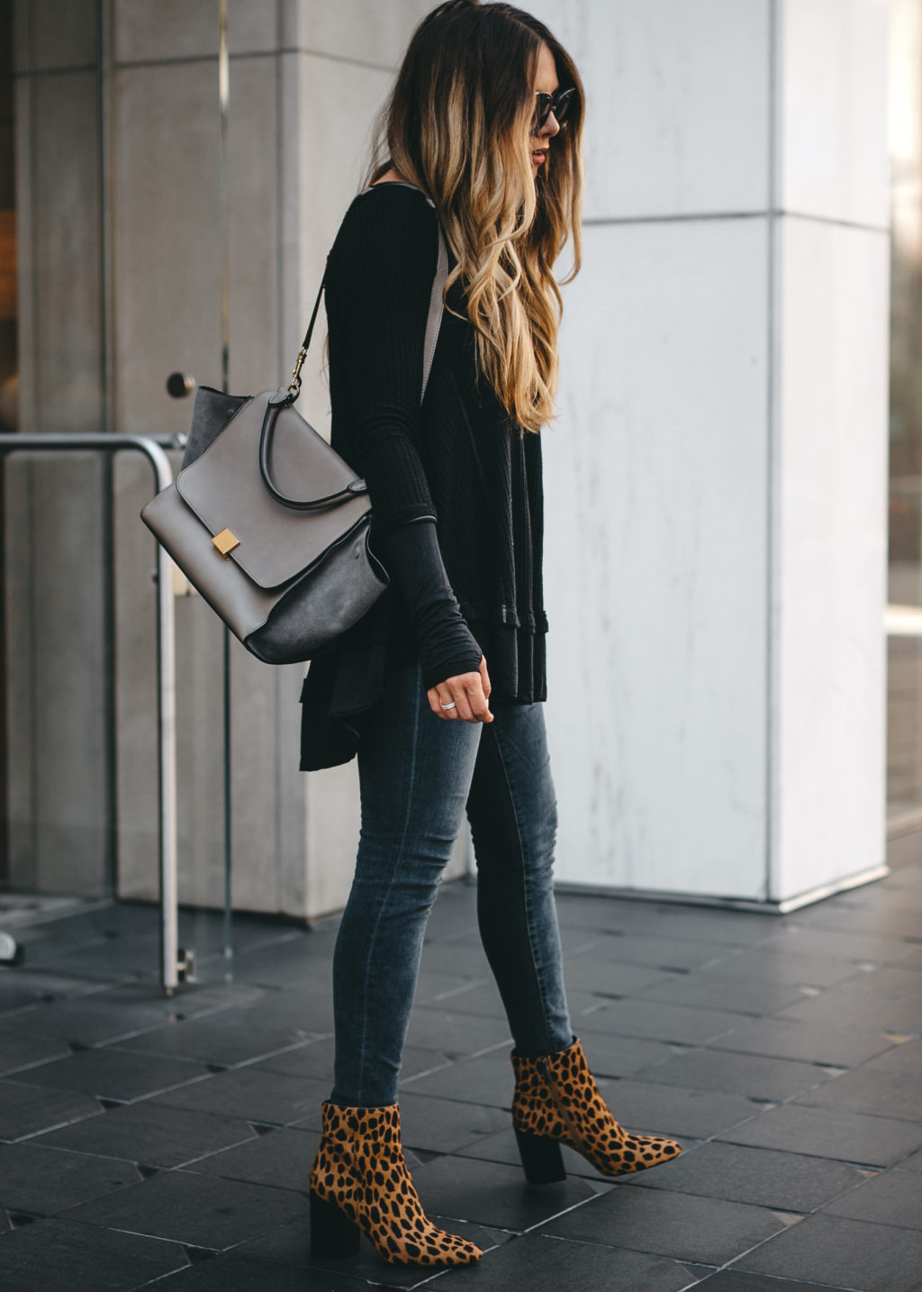 leopard booties and black tunic