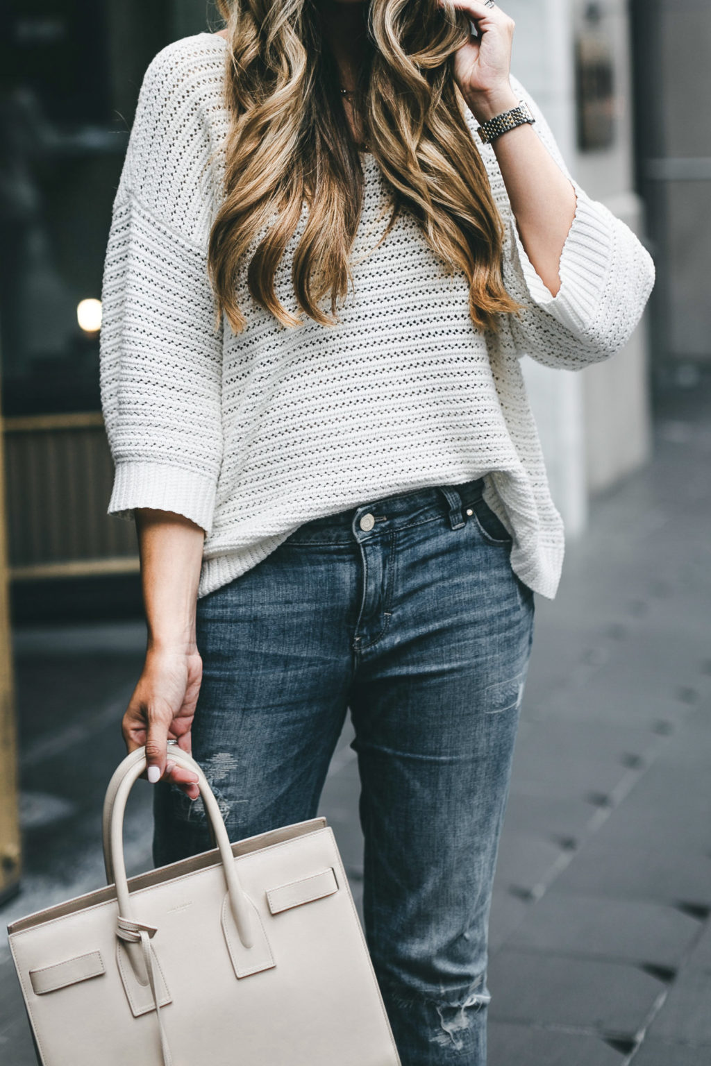 White Sweater and Saint Laurent Bag