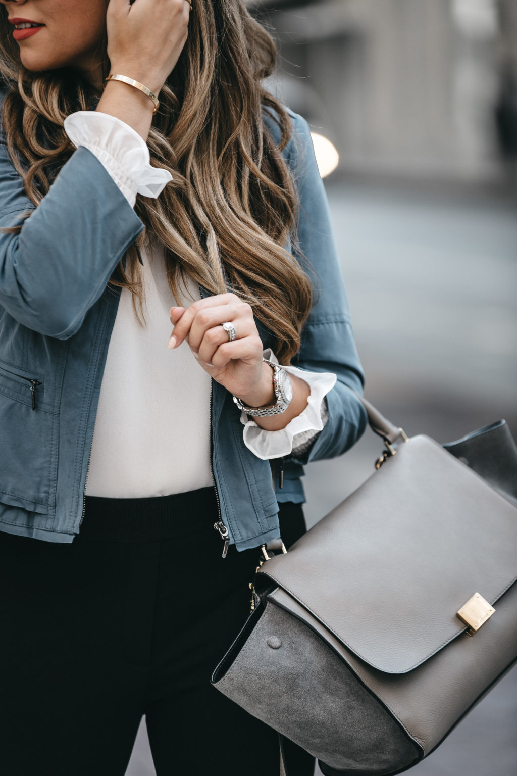 white blouse and blue jacket